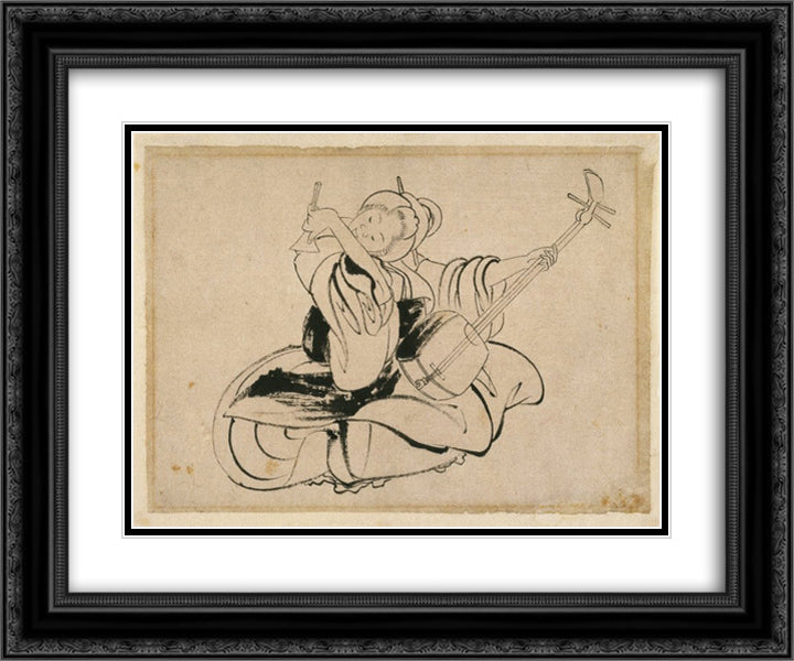 Seated Woman with Shamisen 24x20 Black Ornate Wood Framed Art Print Poster with Double Matting by Hokusai, Katsushika