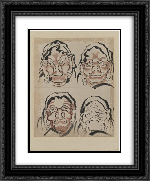 Sketch of Four Faces 20x24 Black Ornate Wood Framed Art Print Poster with Double Matting by Hokusai, Katsushika