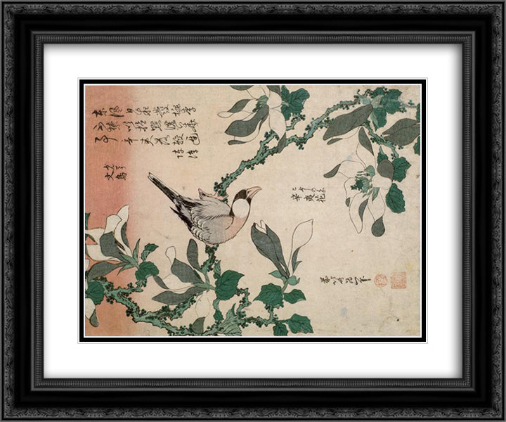 Sparrow and magnolia 24x20 Black Ornate Wood Framed Art Print Poster with Double Matting by Hokusai, Katsushika