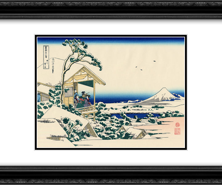 Tea house at Koishikawa. The morning after a snowfall 24x20 Black Ornate Wood Framed Art Print Poster with Double Matting by Hokusai, Katsushika