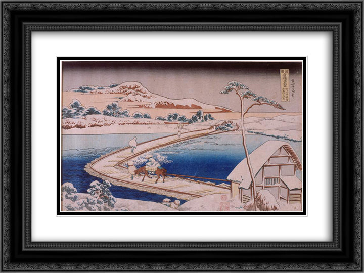 The pontoon bridge at Sano in the province of Kozuka 24x18 Black Ornate Wood Framed Art Print Poster with Double Matting by Hokusai, Katsushika