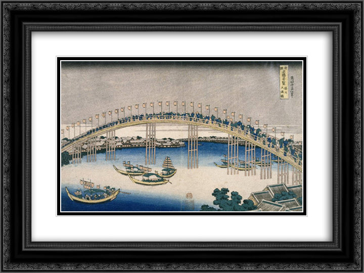 The Festival of Lanterns on Temma Bridge 24x18 Black Ornate Wood Framed Art Print Poster with Double Matting by Hokusai, Katsushika