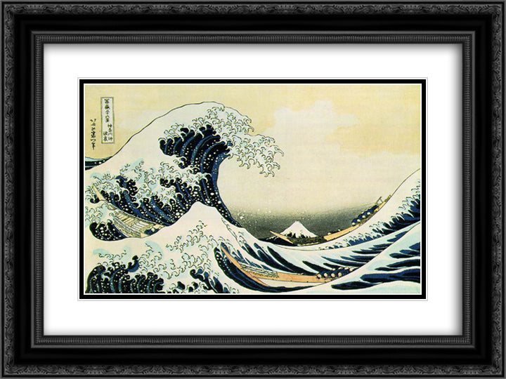 The Great Wave off Kanagawa 24x18 Black Ornate Wood Framed Art Print Poster with Double Matting by Hokusai, Katsushika