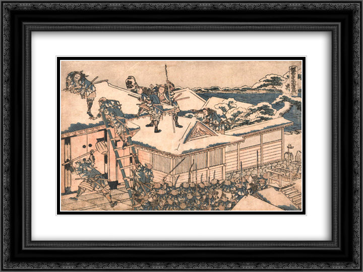 The ronin attack the principal gate of Kira's mansion 24x18 Black Ornate Wood Framed Art Print Poster with Double Matting by Hokusai, Katsushika