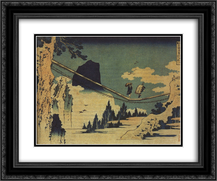 The Suspension Bridge Between Hida and Etchu 24x20 Black Ornate Wood Framed Art Print Poster with Double Matting by Hokusai, Katsushika