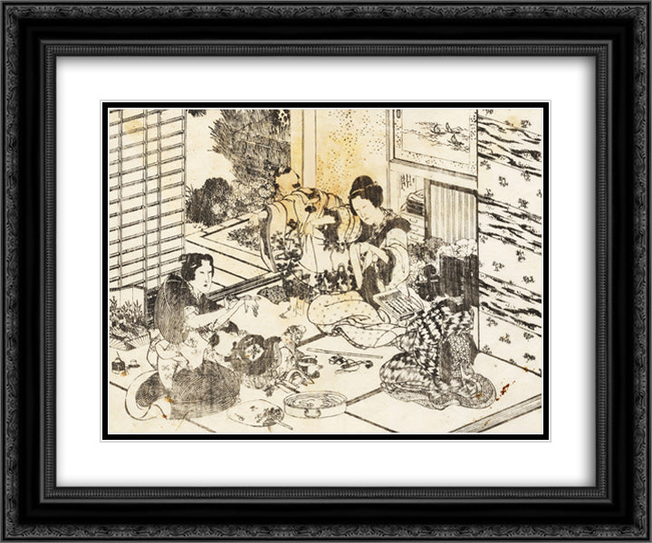 Three women and two children 24x20 Black Ornate Wood Framed Art Print Poster with Double Matting by Hokusai, Katsushika