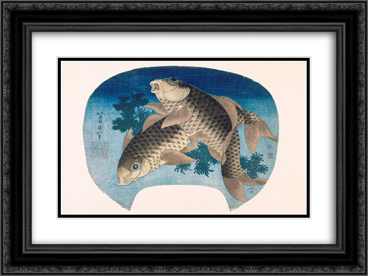 Two carps 24x18 Black Ornate Wood Framed Art Print Poster with Double Matting by Hokusai, Katsushika