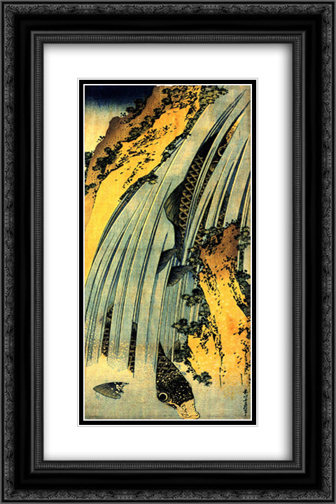 Two carp in a cascade 16x24 Black Ornate Wood Framed Art Print Poster with Double Matting by Hokusai, Katsushika