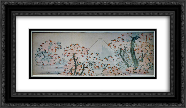 View on Mount Fuji between flowerin trees 24x14 Black Ornate Wood Framed Art Print Poster with Double Matting by Hokusai, Katsushika