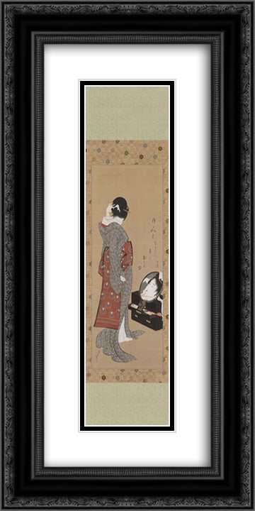 Woman Looking at Herself in a Mirror 12x24 Black Ornate Wood Framed Art Print Poster with Double Matting by Hokusai, Katsushika