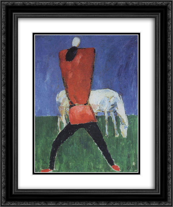 Man with horse 20x24 Black Ornate Wood Framed Art Print Poster with Double Matting by Malevich, Kazimir
