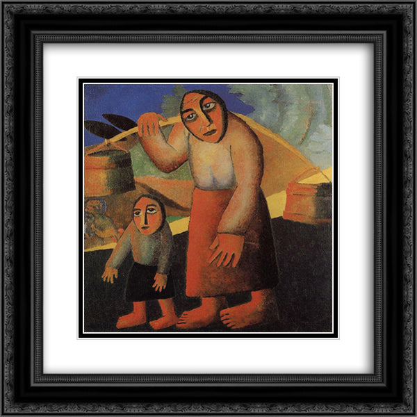 Peasant Woman with Buckets and a Child 20x20 Black Ornate Wood Framed Art Print Poster with Double Matting by Malevich, Kazimir