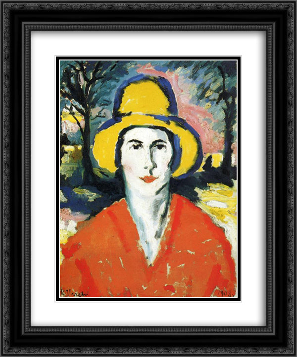 Portrait of Woman in Yellow Hat 20x24 Black Ornate Wood Framed Art Print Poster with Double Matting by Malevich, Kazimir