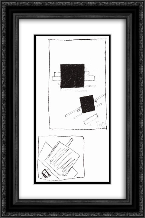 Two squares 16x24 Black Ornate Wood Framed Art Print Poster with Double Matting by Malevich, Kazimir