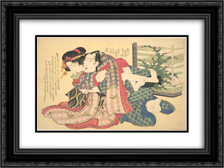 A Couple Locked in an Embrace 24x18 Black Ornate Wood Framed Art Print Poster with Double Matting by Eisen, Keisai