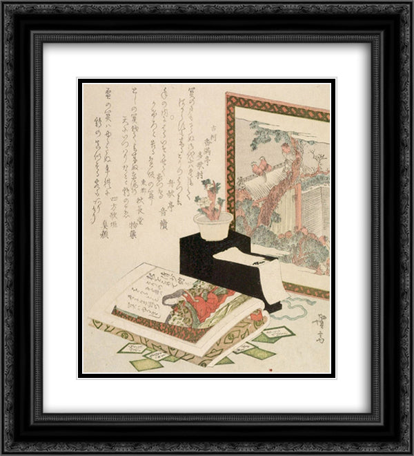 Cards, Fukujuso Flowers and Screen 20x22 Black Ornate Wood Framed Art Print Poster with Double Matting by Eisen, Keisai