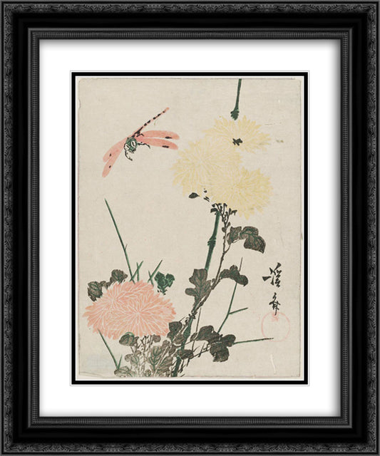 Chrysanthemums and Dragonfly 20x24 Black Ornate Wood Framed Art Print Poster with Double Matting by Eisen, Keisai