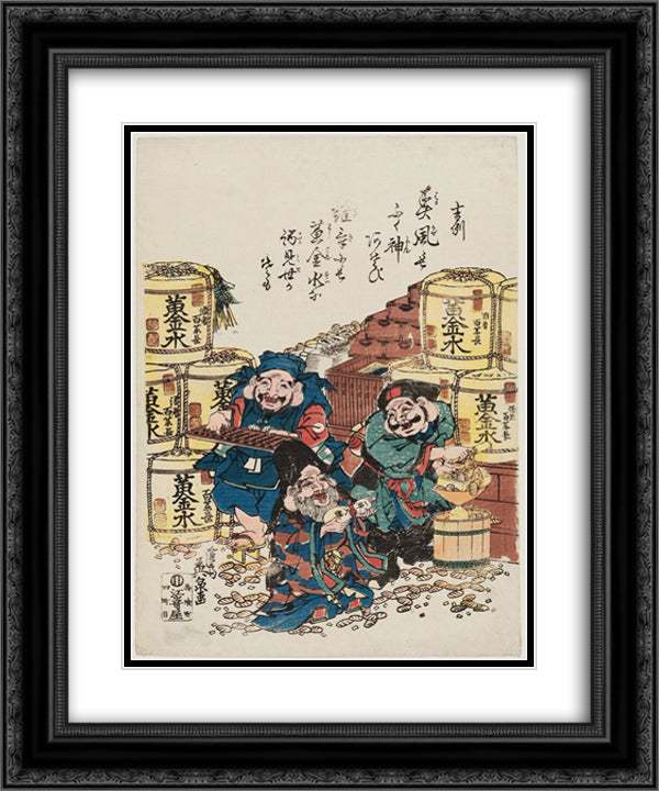 Daikoku, Ebisu, and Fukurokuju Counting Money 20x24 Black Ornate Wood Framed Art Print Poster with Double Matting by Eisen, Keisai