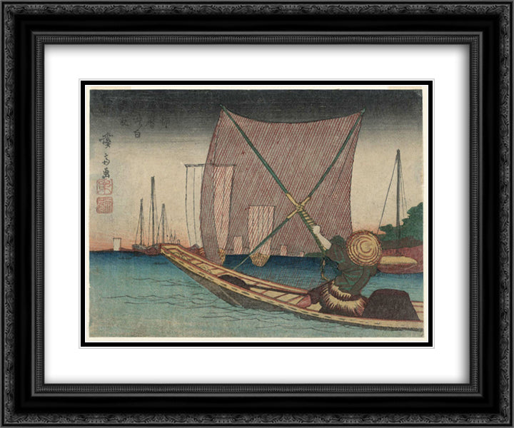Fishing for Whitebait in the Bay off Tsukuda 24x20 Black Ornate Wood Framed Art Print Poster with Double Matting by Eisen, Keisai