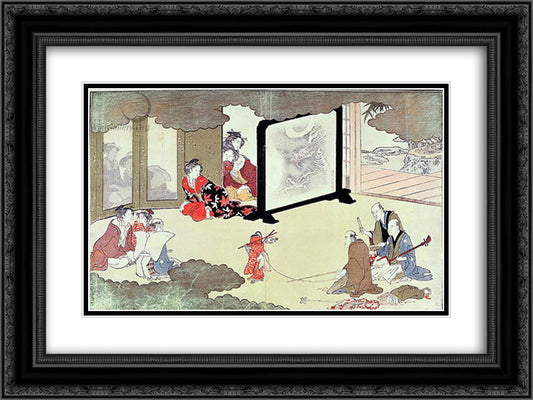 A monkey trainer performing at a noblemans house, 24x18 Black Ornate Wood Framed Art Print Poster with Double Matting by Utamaro, Kitagawa