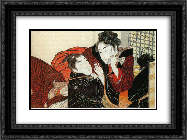 A scene from the 'Poem of the Pillow' 24x18 Black Ornate Wood Framed Art Print Poster with Double Matting by Utamaro, Kitagawa