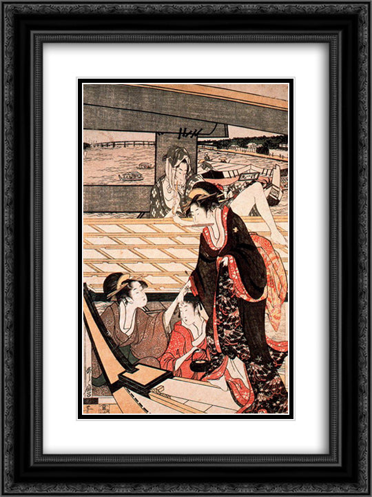 A scene on the bridge 18x24 Black Ornate Wood Framed Art Print Poster with Double Matting by Utamaro, Kitagawa