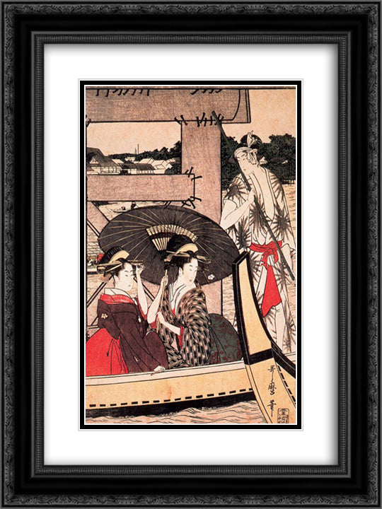 Enjoying the Cool Evening Breeze on and under the Bridge 18x24 Black Ornate Wood Framed Art Print Poster with Double Matting by Utamaro, Kitagawa