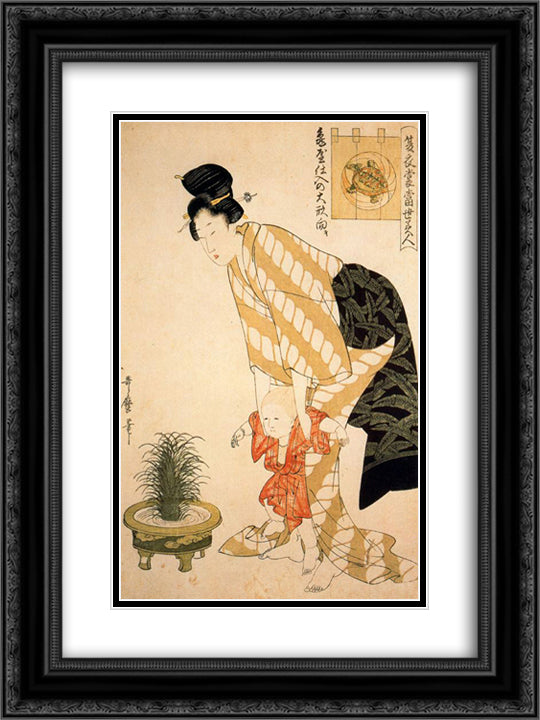 Flower patterned cotton 18x24 Black Ornate Wood Framed Art Print Poster with Double Matting by Utamaro, Kitagawa