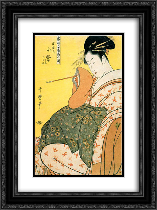 Komurasaki of the Tamaya with pipe in hand 18x24 Black Ornate Wood Framed Art Print Poster with Double Matting by Utamaro, Kitagawa