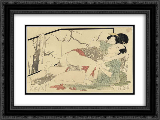 Lovers in front of a screen 24x18 Black Ornate Wood Framed Art Print Poster with Double Matting by Utamaro, Kitagawa