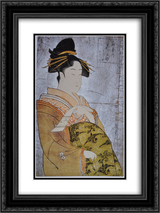 Oiran Hanaogi 18x24 Black Ornate Wood Framed Art Print Poster with Double Matting by Utamaro, Kitagawa