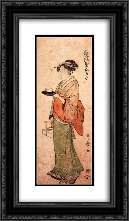 Okita the tea house girl 14x24 Black Ornate Wood Framed Art Print Poster with Double Matting by Utamaro, Kitagawa