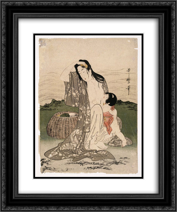 Pearl Divers 20x24 Black Ornate Wood Framed Art Print Poster with Double Matting by Utamaro, Kitagawa