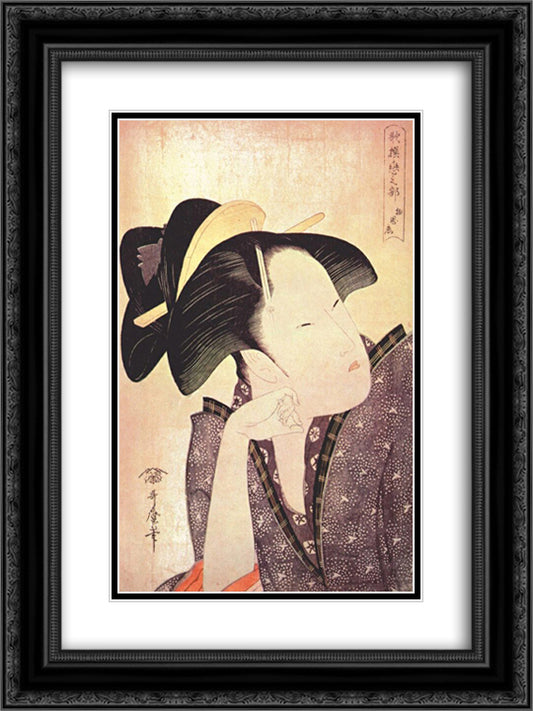 Pensive love 18x24 Black Ornate Wood Framed Art Print Poster with Double Matting by Utamaro, Kitagawa
