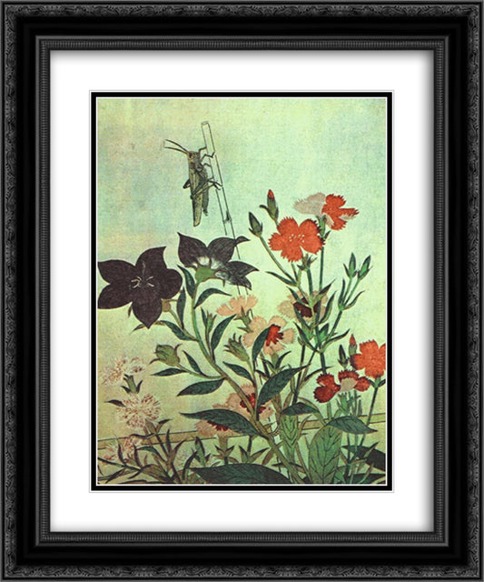 Rice Locust Red Dragonfly Pinks Chinese Bell Flowers 20x24 Black Ornate Wood Framed Art Print Poster with Double Matting by Utamaro, Kitagawa