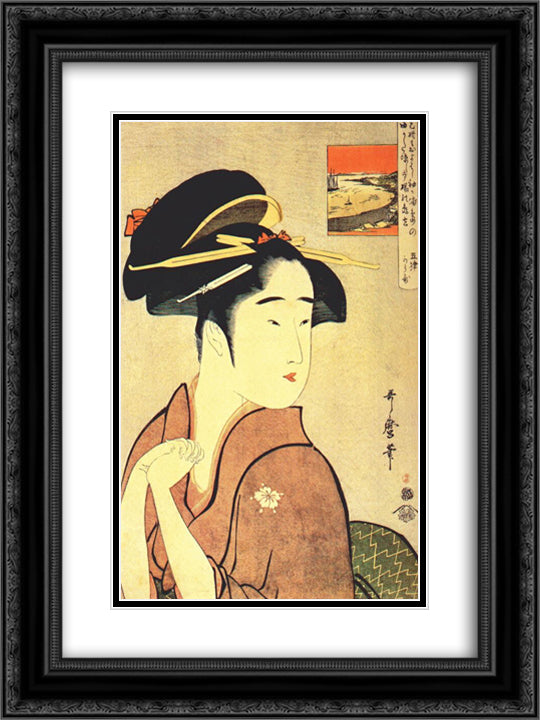 The geisha kamekichi 18x24 Black Ornate Wood Framed Art Print Poster with Double Matting by Utamaro, Kitagawa