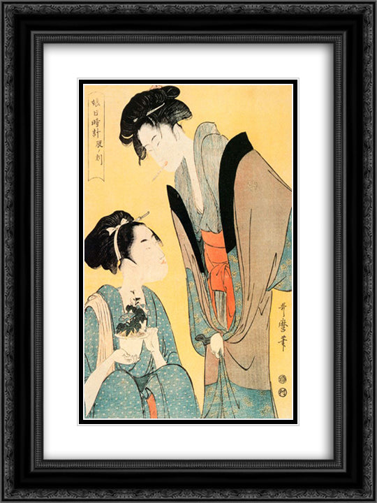 The Hour of the Hare 18x24 Black Ornate Wood Framed Art Print Poster with Double Matting by Utamaro, Kitagawa