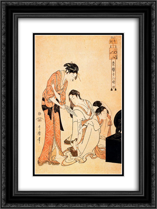 The Hour of the Monkey 18x24 Black Ornate Wood Framed Art Print Poster with Double Matting by Utamaro, Kitagawa