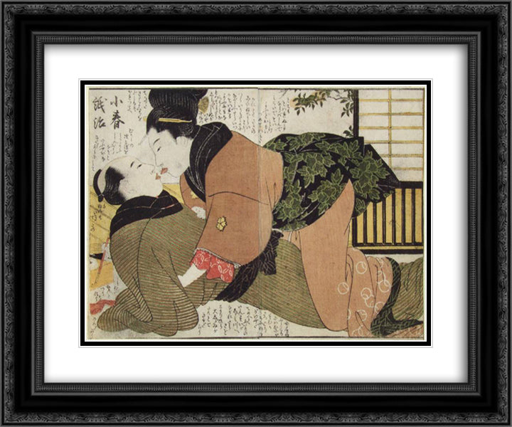 The Kiss 24x20 Black Ornate Wood Framed Art Print Poster with Double Matting by Utamaro, Kitagawa