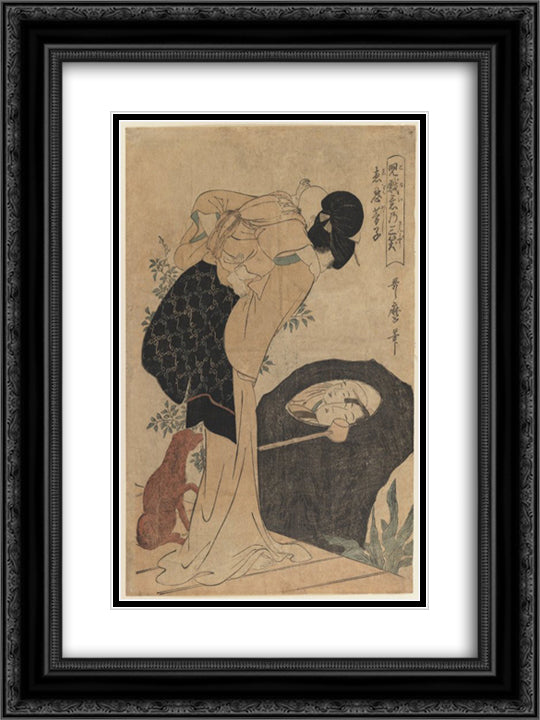 Woman and Child 18x24 Black Ornate Wood Framed Art Print Poster with Double Matting by Utamaro, Kitagawa