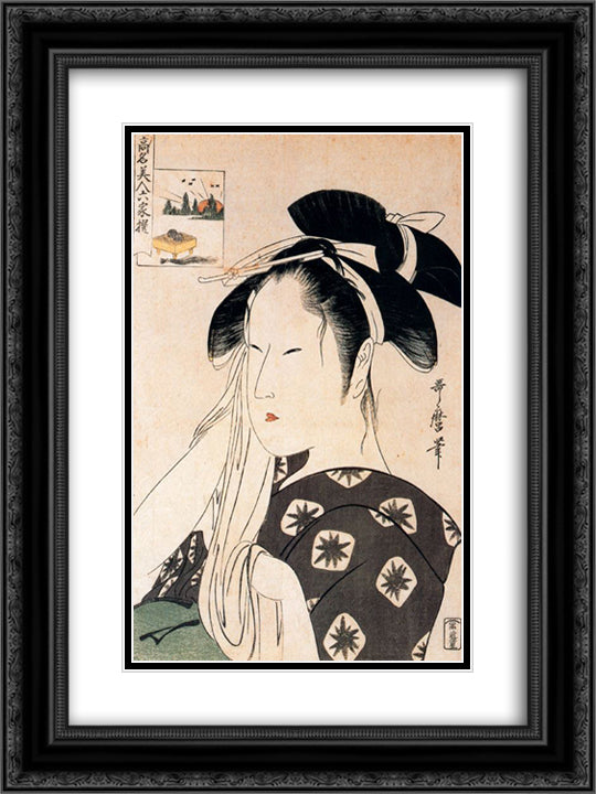 Woman playing a poppin 18x24 Black Ornate Wood Framed Art Print Poster with Double Matting by Utamaro, Kitagawa