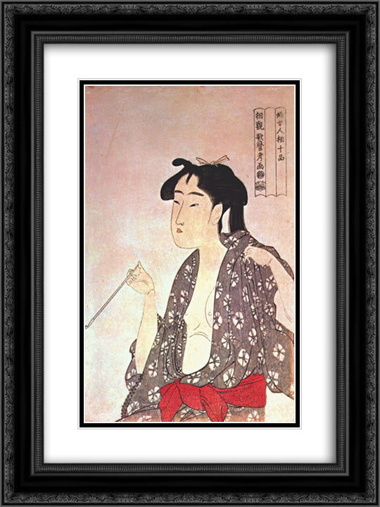 Woman smoking 18x24 Black Ornate Wood Framed Art Print Poster with Double Matting by Utamaro, Kitagawa