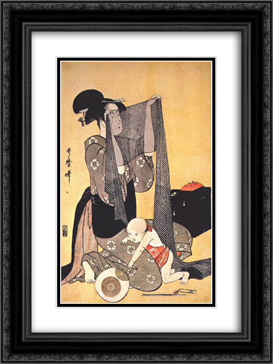 Women making dresses 18x24 Black Ornate Wood Framed Art Print Poster with Double Matting by Utamaro, Kitagawa