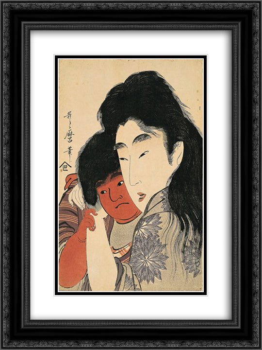 Yama uba and Kintaro 18x24 Black Ornate Wood Framed Art Print Poster with Double Matting by Utamaro, Kitagawa