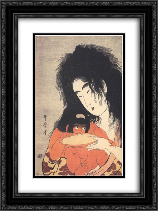 Yamanba and kintaro sakazuki 18x24 Black Ornate Wood Framed Art Print Poster with Double Matting by Utamaro, Kitagawa
