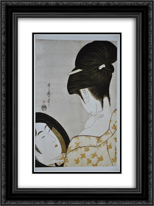 Young woman applying make up 18x24 Black Ornate Wood Framed Art Print Poster with Double Matting by Utamaro, Kitagawa