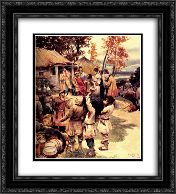 Russian knyaz Igor exacts tribute from the Drevlyans in 945 20x22 Black Ornate Wood Framed Art Print Poster with Double Matting by Lebedev, Klavdy