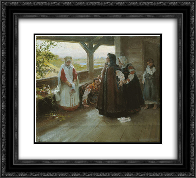 Spat on the terrace 22x20 Black Ornate Wood Framed Art Print Poster with Double Matting by Lebedev, Klavdy