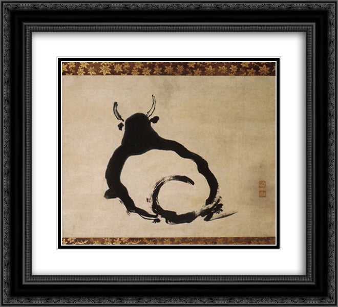 Kogan Gengei-Zen Bull 22x20 Black Ornate Wood Framed Art Print Poster with Double Matting by Gengei, Kogan