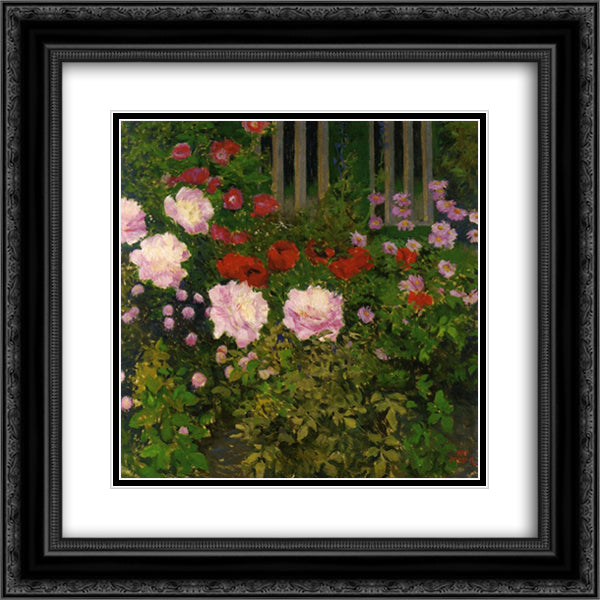 Blooming Flowers with Garden Fence 20x20 Black Ornate Wood Framed Art Print Poster with Double Matting by Moser, Koloman